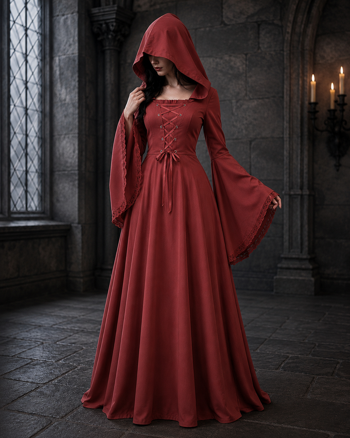 Women's Halloween Gothic Hooded Costume – Bell Sleeve Lace-Up - Red