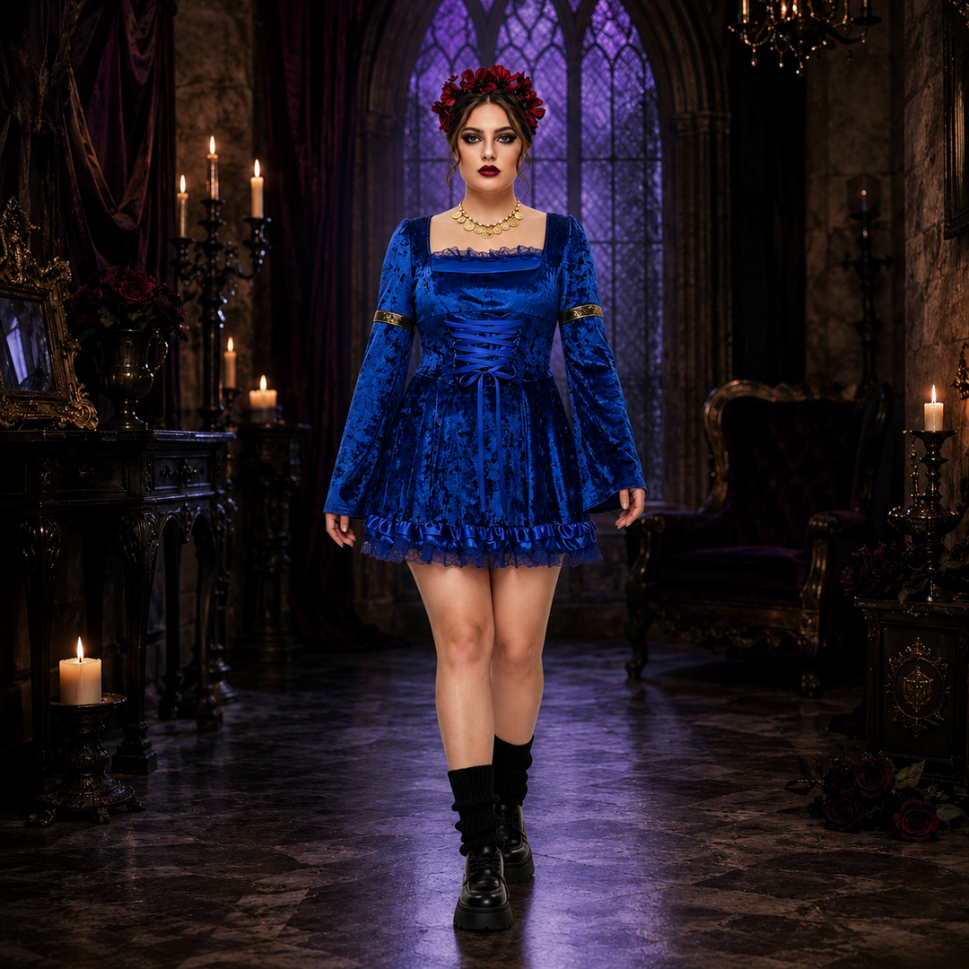 Women's Halloween Gothic Lace Costume – Square Neck Lace Up - Blue