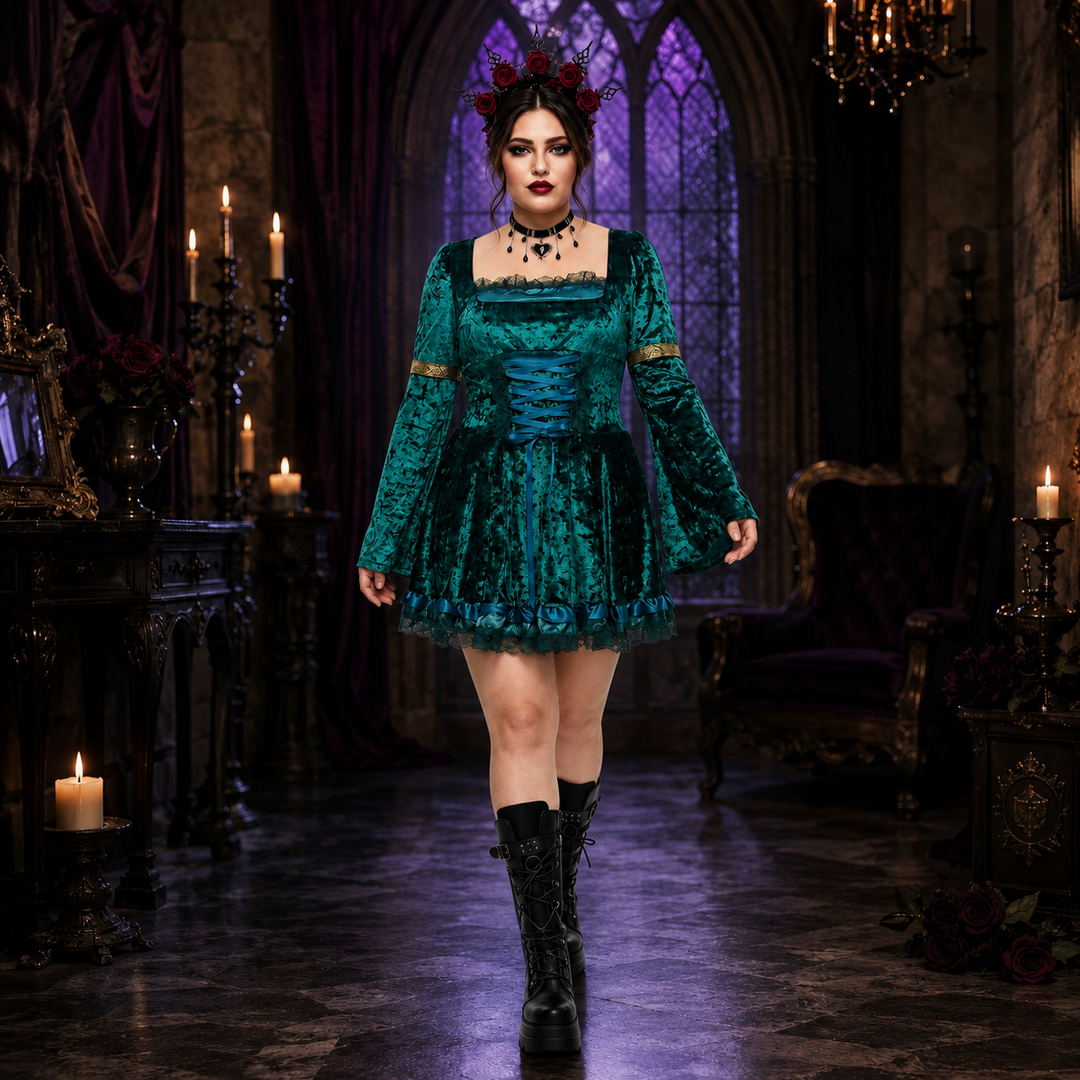 Women's Halloween Gothic Lace Costume – Square Neck Lace Up - Green