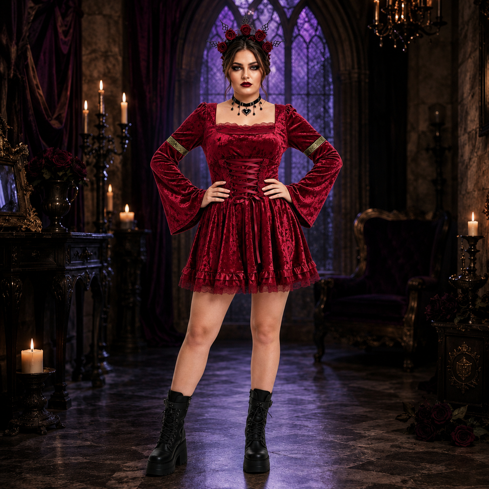 Women's Halloween Gothic Lace Costume – Square Neck Lace Up - Red