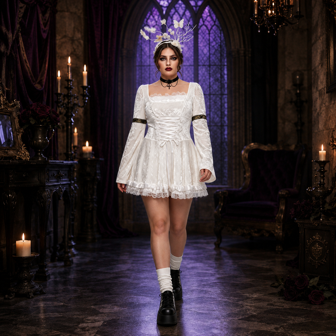 Women's Halloween Gothic Lace Costume – Square Neck Lace Up - White