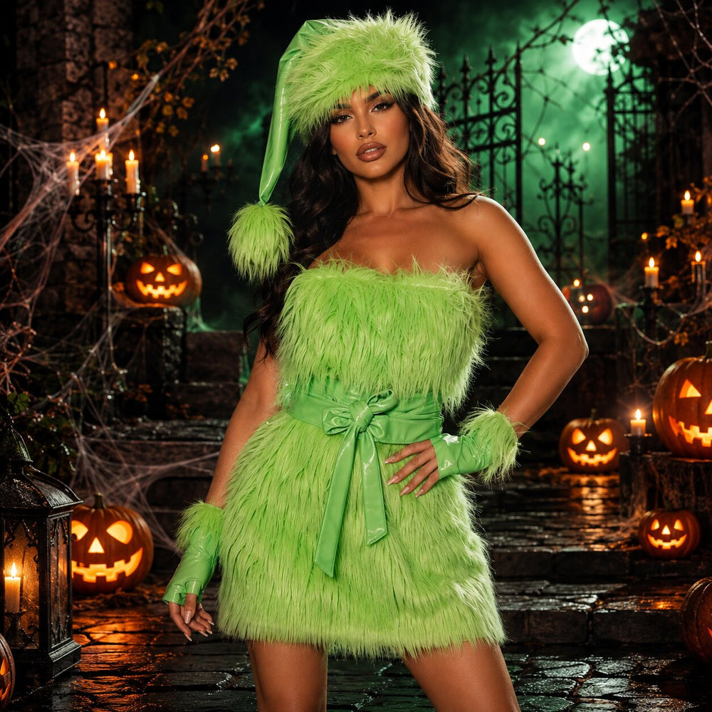 Women's Halloween Grinch Costume - Green Fringe Party Dress