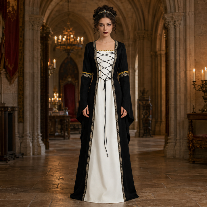 Women's Halloween Medieval Court Dress Costume – Long Sleeve Lace - Black