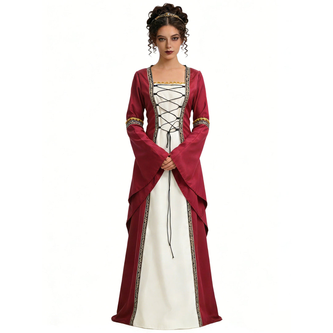 Women's Halloween Medieval Court Dress Costume – Long Sleeve Lace - Burgundy