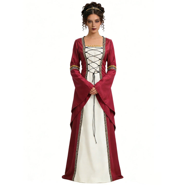 Women's Halloween Medieval Court Dress Costume – Long Sleeve Lace - Burgundy