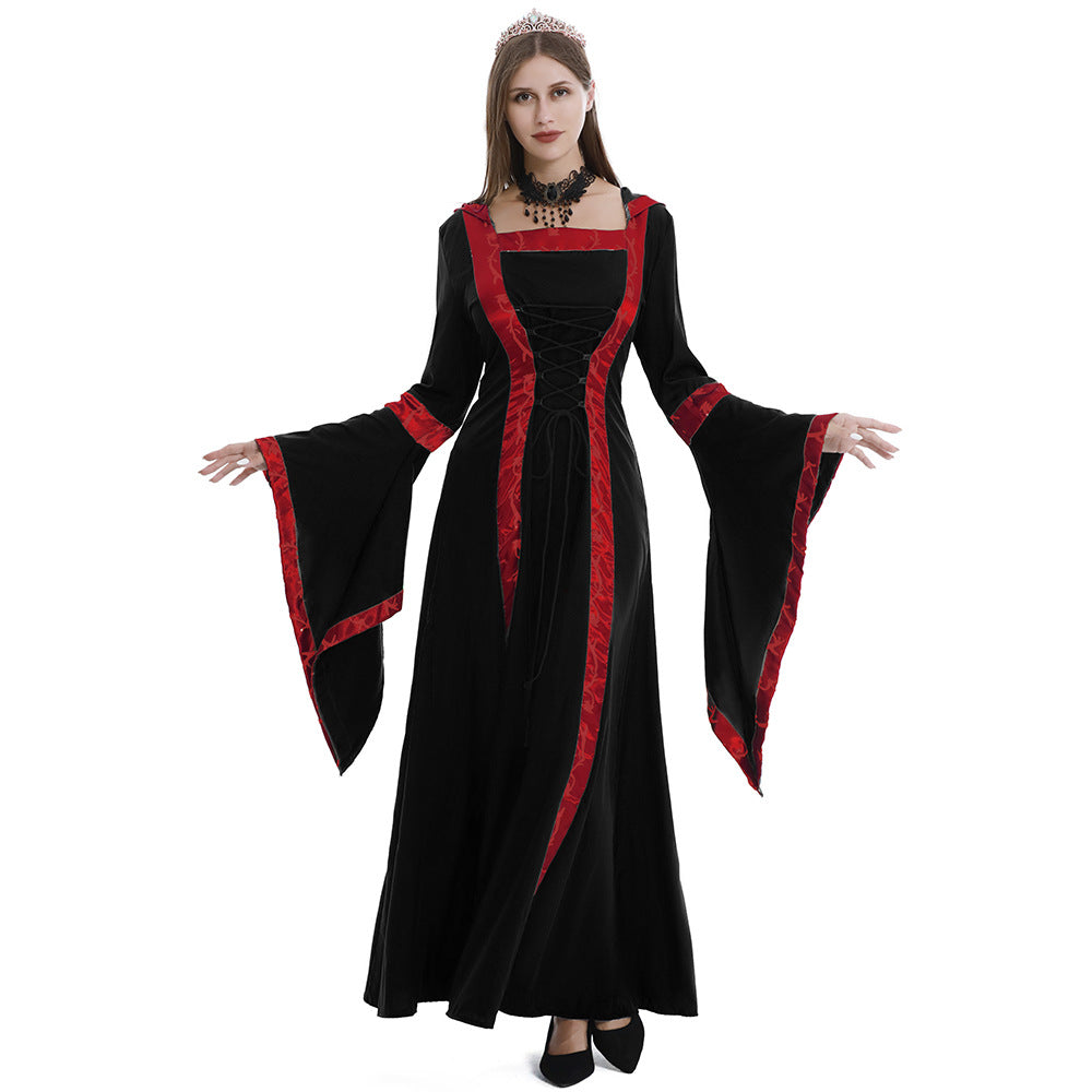 Women's Halloween Medieval Dress Costume – Lace Up Bell Sleeve - Black/Red