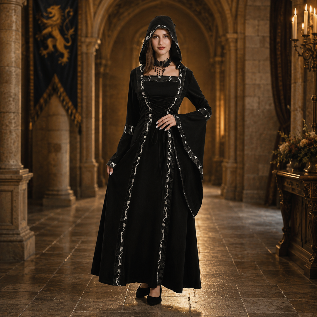 Women's Halloween Medieval Dress Costume – Lace Up Bell Sleeve - Black
