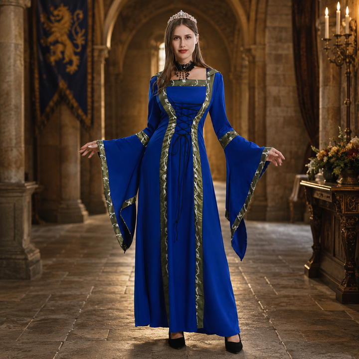 Women's Halloween Medieval Dress Costume – Lace Up Bell Sleeve - Blue