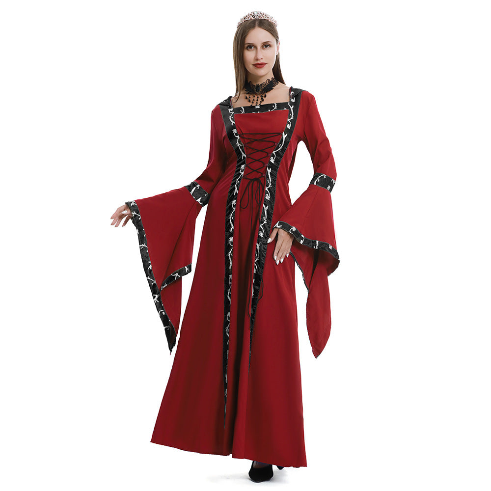 Women's Halloween Medieval Dress Costume – Lace Up Bell Sleeve - Red