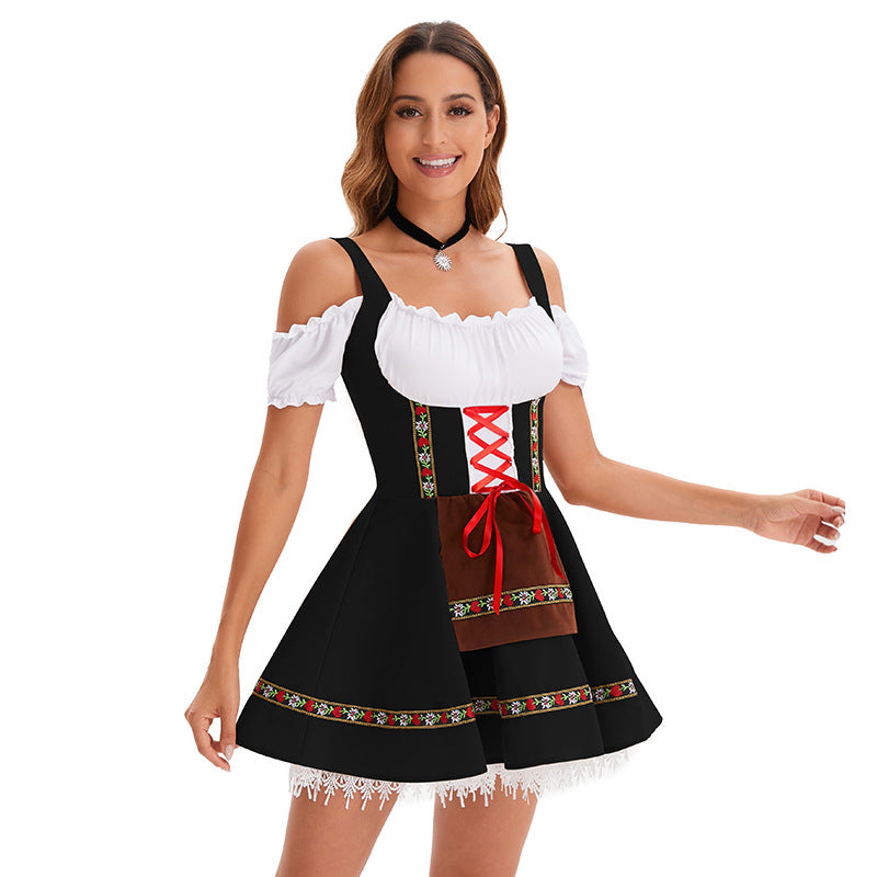 Women's Halloween Oktoberfest Costume – Lace-Up Puff Sleeve Dress - Black
