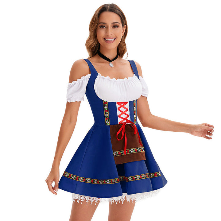 Women's Halloween Oktoberfest Costume – Lace-Up Puff Sleeve Dress - Blue