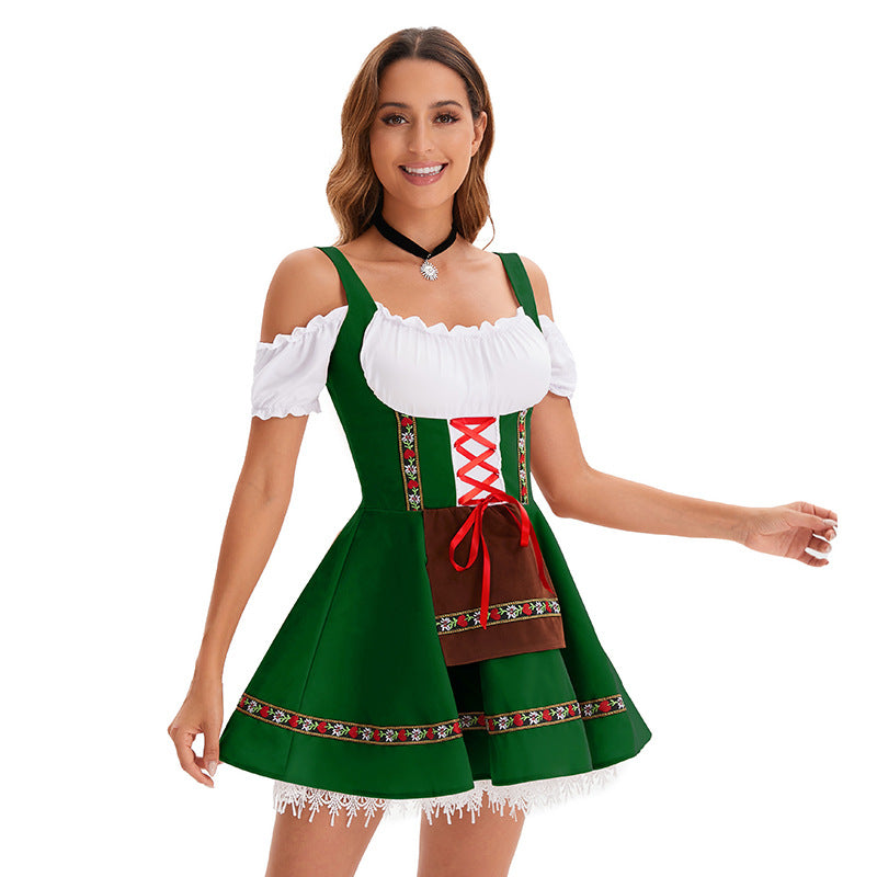 Women's Halloween Oktoberfest Costume – Lace-Up Puff Sleeve Dress - Green