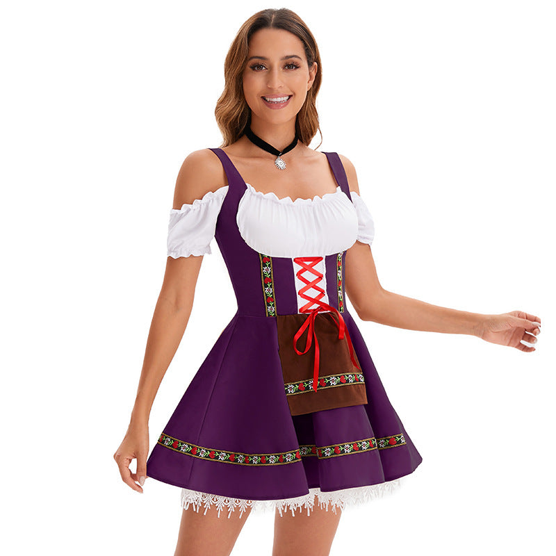 Women's Halloween Oktoberfest Costume – Lace-Up Puff Sleeve Dress - Purple