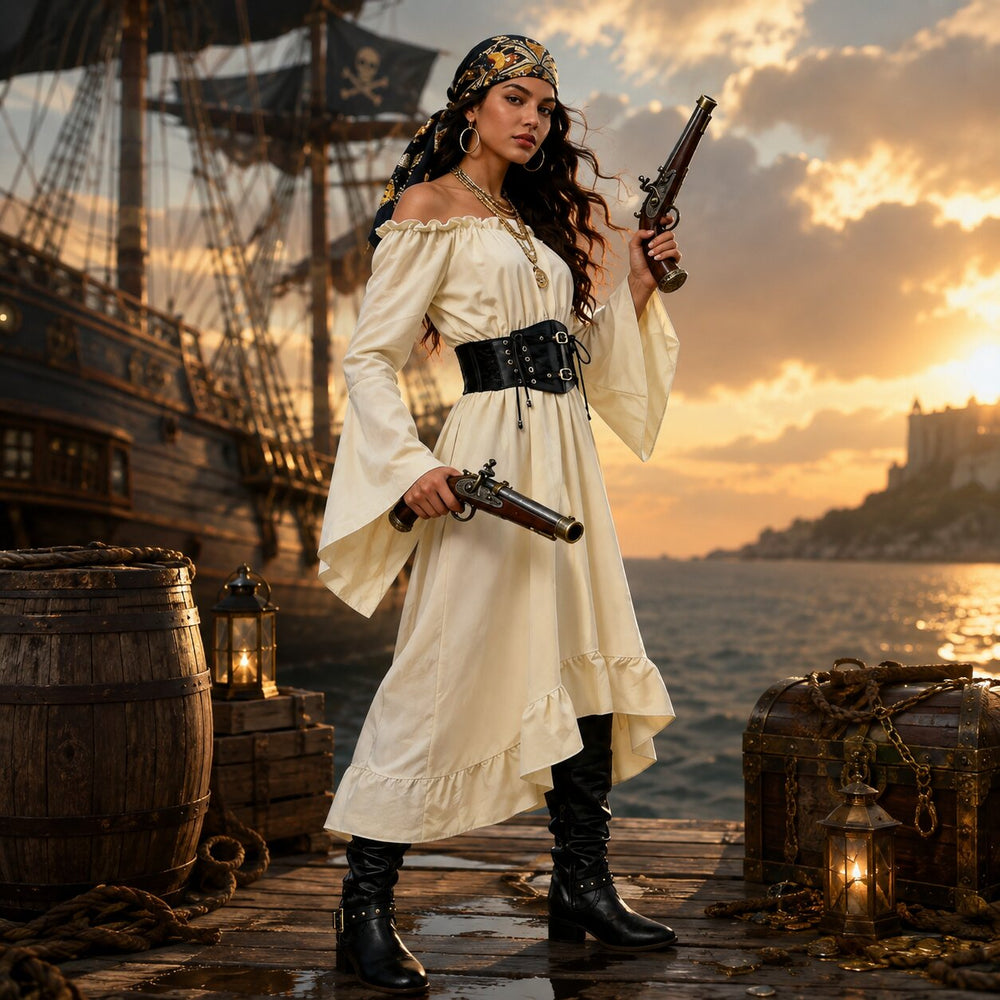 Women's Halloween Pirate Costume - Cream & Black