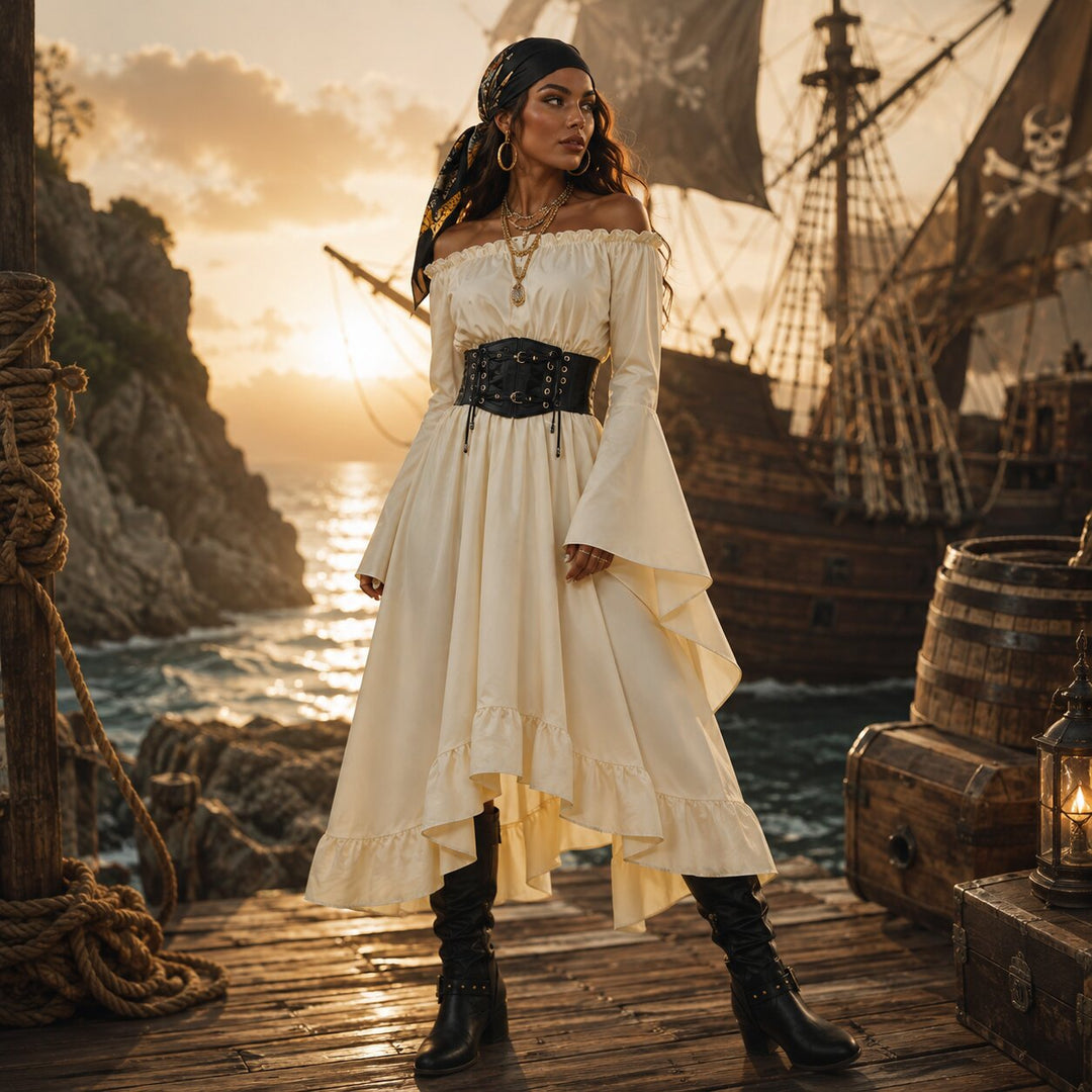 Women's Halloween Pirate Costume - Cream & Black