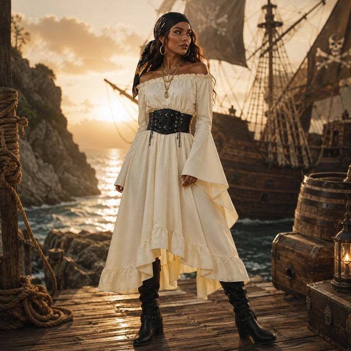Women's Halloween Pirate Costume - Cream & Black
