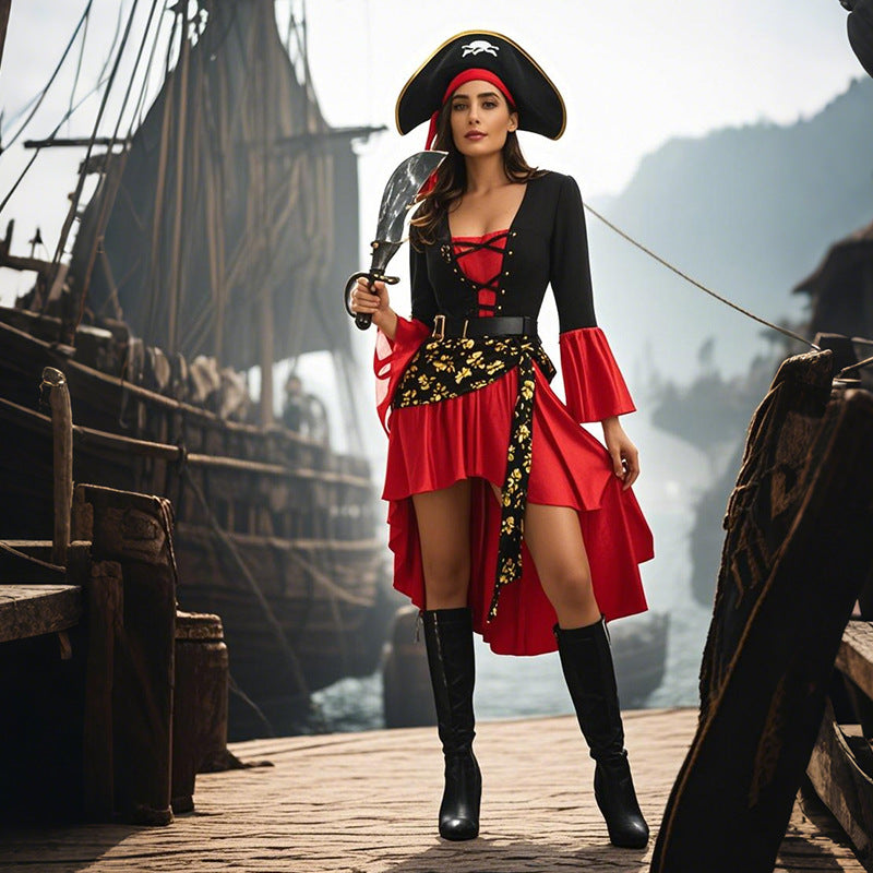 Women's Halloween Pirate Costume – Lace-Up Bell Sleeve Dress with Hat