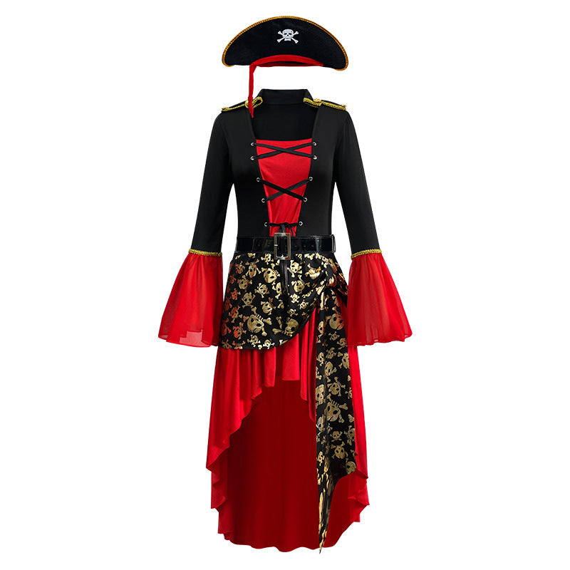 Women's Halloween Pirate Costume – Lace-Up Bell Sleeve Dress with Hat