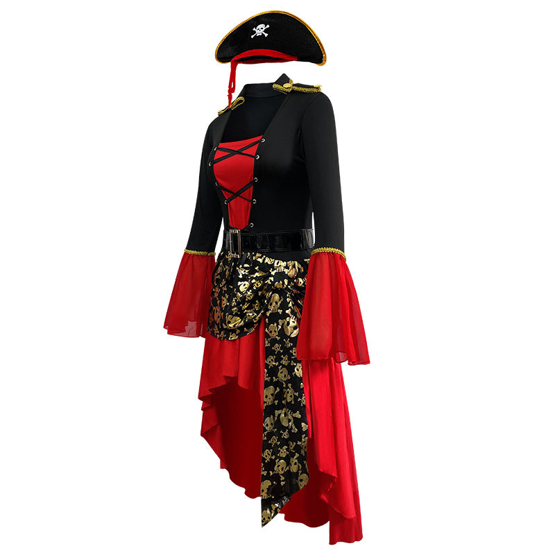 Women's Halloween Pirate Costume – Lace-Up Bell Sleeve Dress with Hat