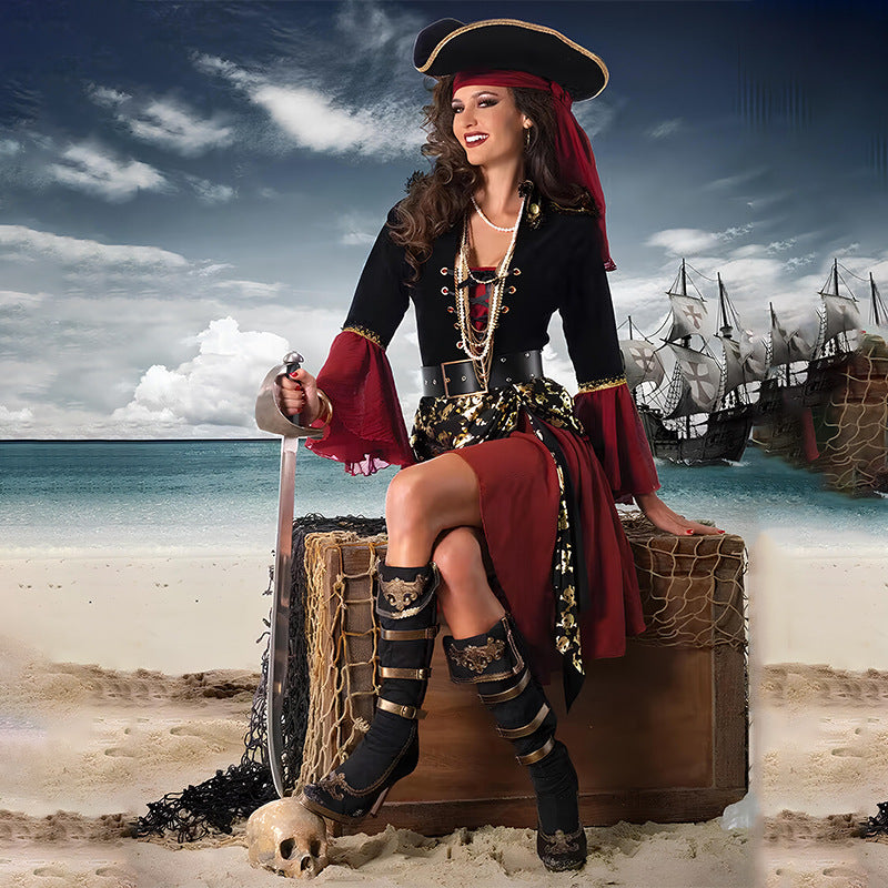 Women's Halloween Pirate Costume – Lace-Up Bell Sleeve Dress with Hat - Red