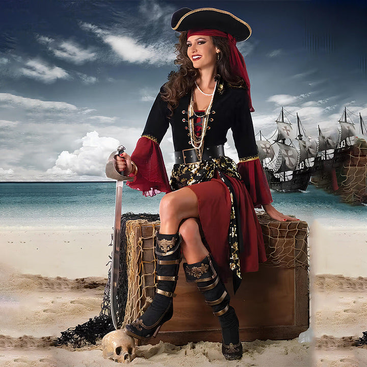 Women's Halloween Pirate Costume – Lace-Up Bell Sleeve Dress with Hat - Red