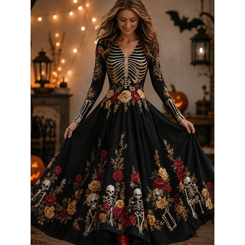 Women's Halloween Skeleton Rose Maxi Dress in black, Gothic Print