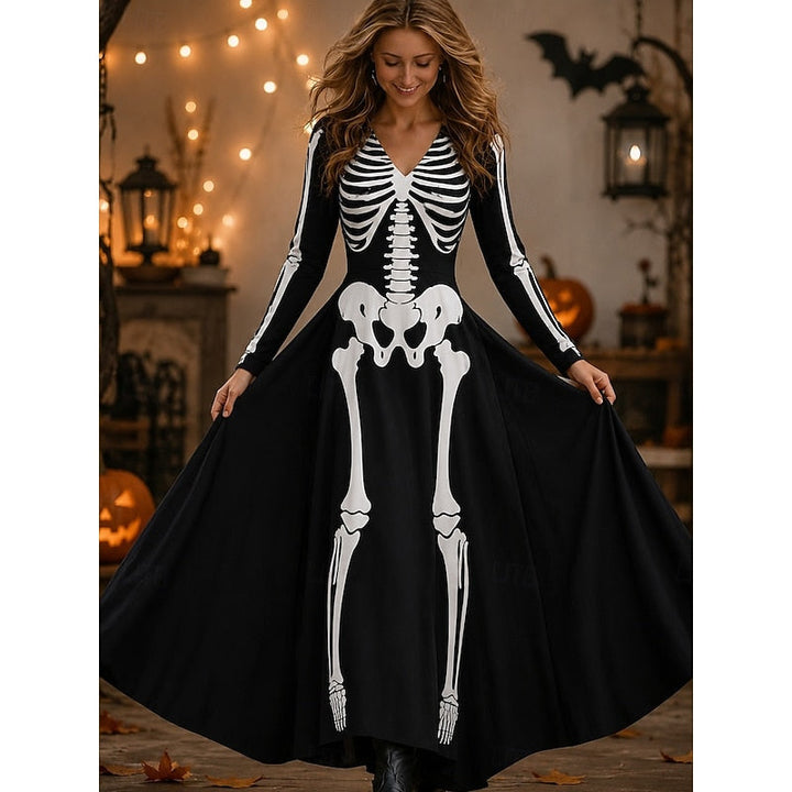 Women's Halloween Skeleton Rose Maxi Dress in white, Gothic Print