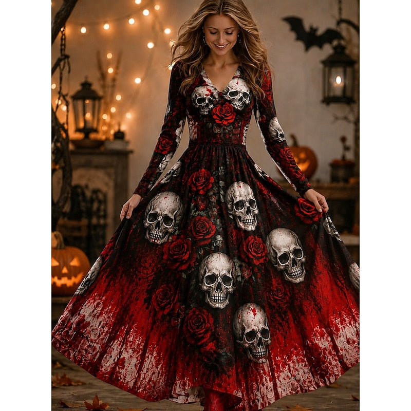 Women's Halloween Skeleton Rose Maxi Dress in wine, Gothic Print