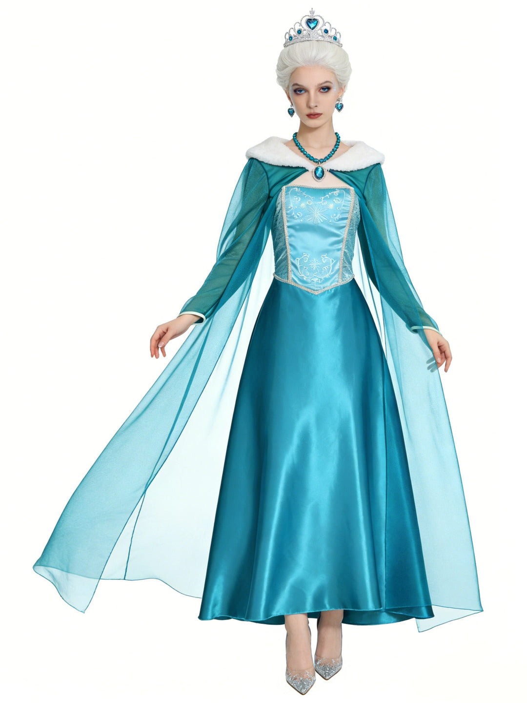 Women's Halloween Snow Queen Costume Dress with Sheer Cape