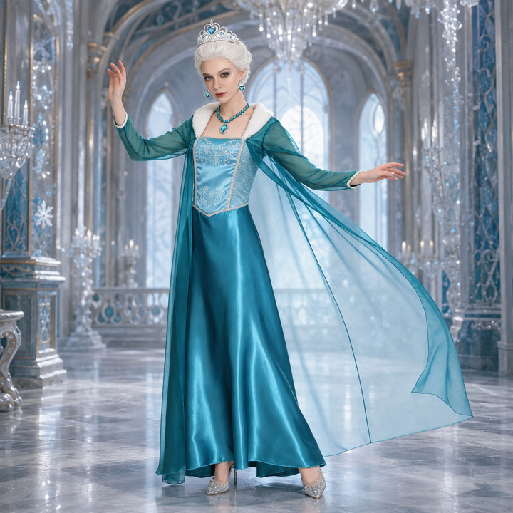 Women's Halloween Snow Queen Costume Dress with Sheer Cape