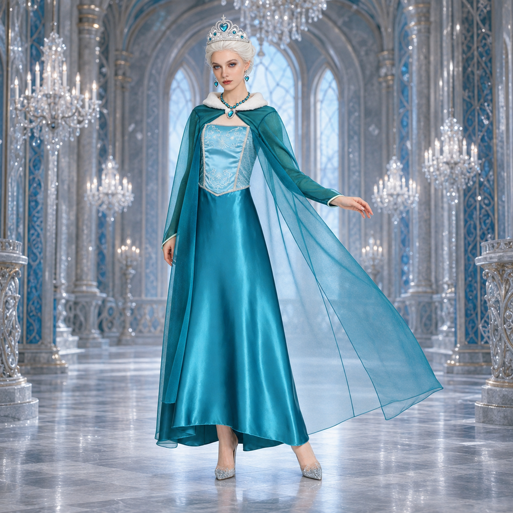 Women's Halloween Snow Queen Costume Dress with Sheer Cape
