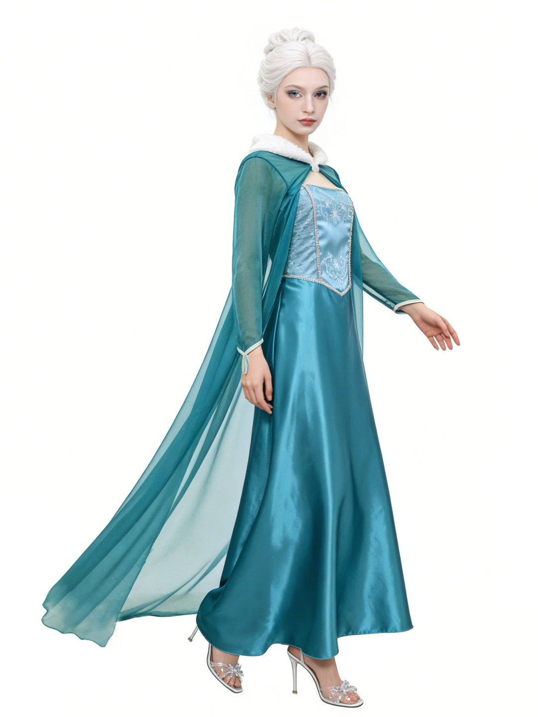 Women's Halloween Snow Queen Costume Dress with Sheer Cape