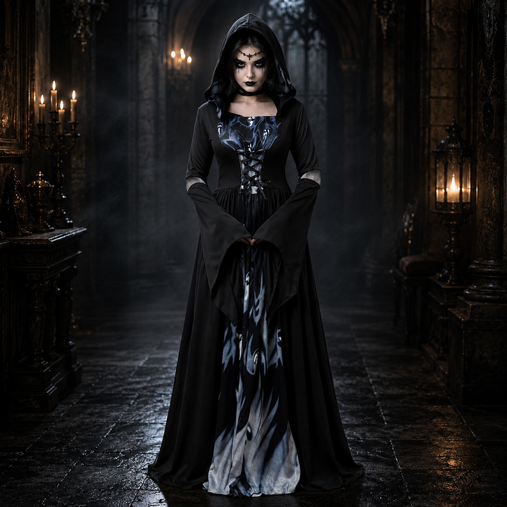 Women's Halloween Witch Costume Dress – Hooded Bell Sleeve - Black