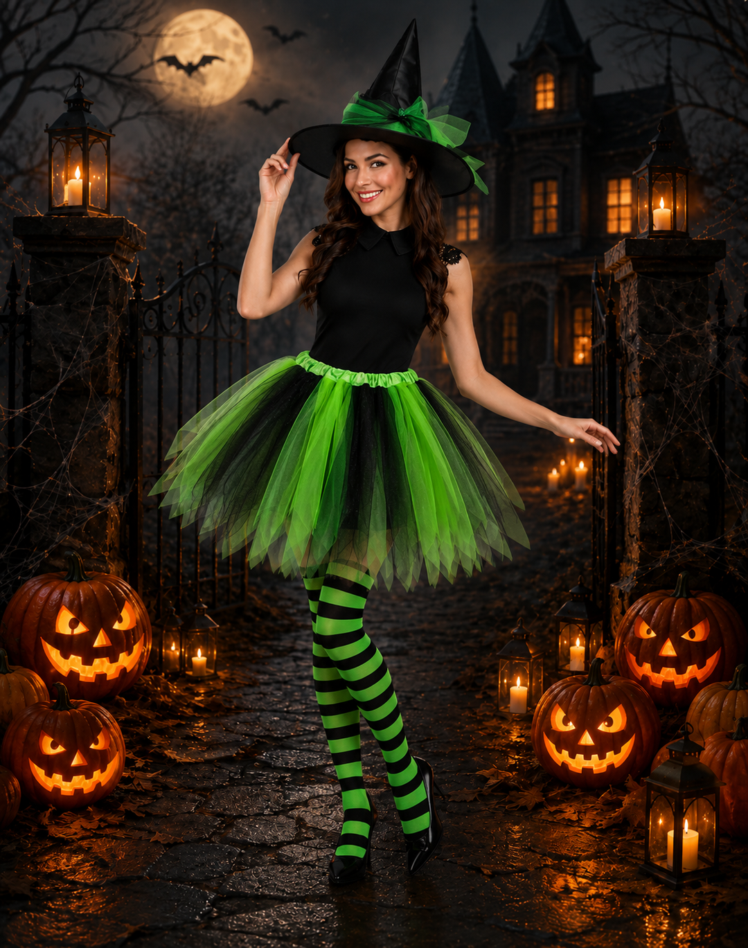 Women's Halloween Witch Costume – Pointed Hat Striped Tutu - Green