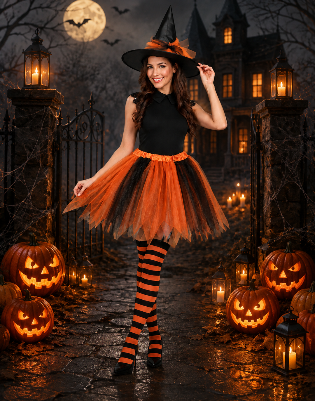 Women's Halloween Witch Costume – Pointed Hat Striped Tutu - Orange