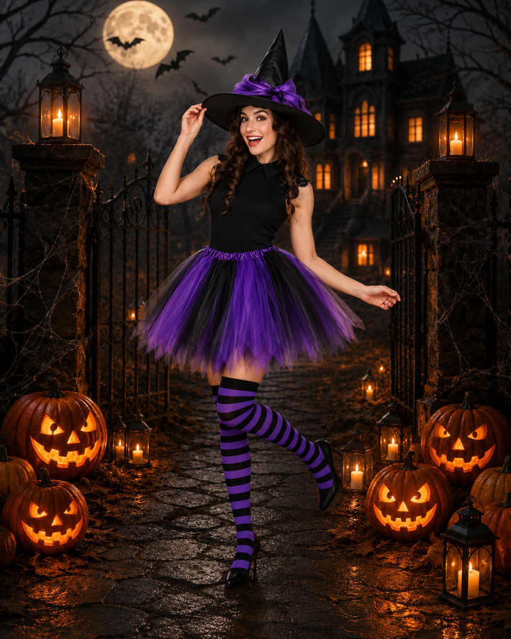 Women's Halloween Witch Costume – Pointed Hat Striped Tutu - Purple