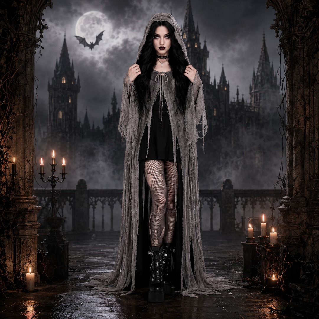 Women's Halloween Witch Hooded Costume – Shredded Cape - Gray