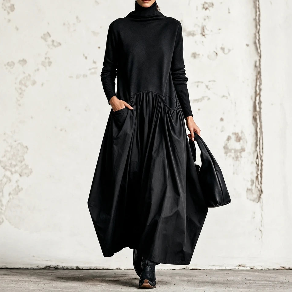 Women's High Neck Pocket Maxi Dress in black, Relaxed Fit