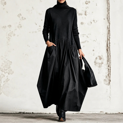 Women's High Neck Pocket Maxi Dress in black, Relaxed Fit