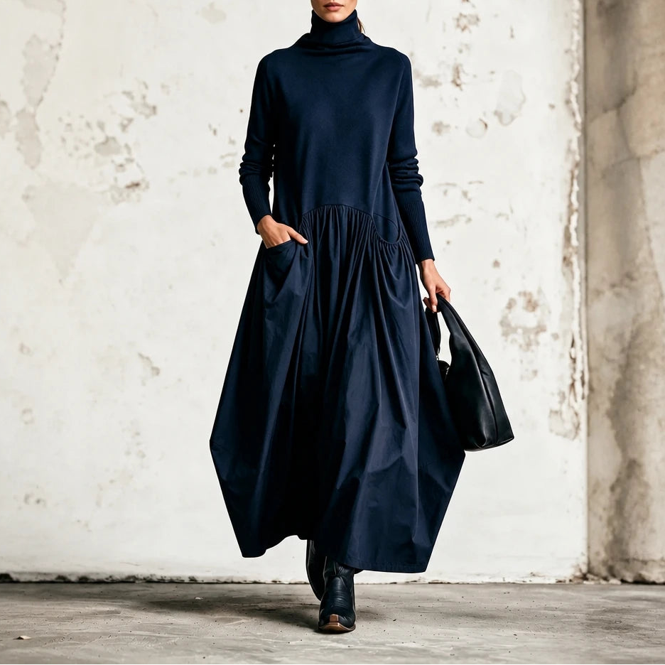 Women's High Neck Pocket Maxi Dress in blue, Relaxed Fit