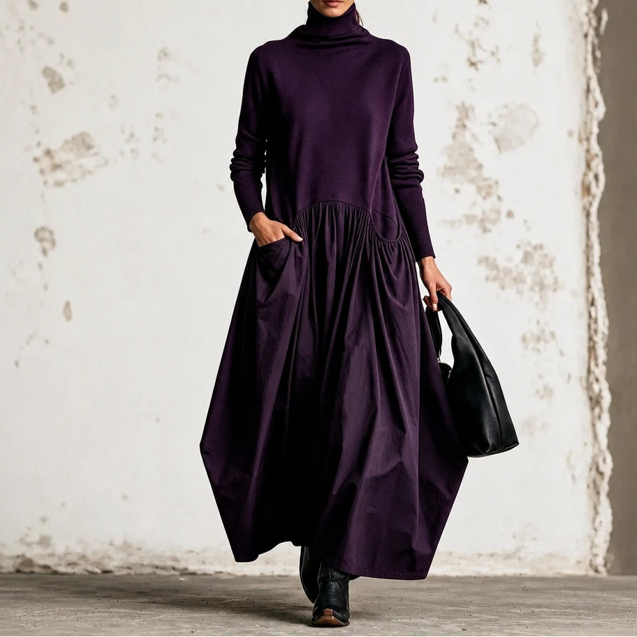 Women's High Neck Pocket Maxi Dress in dark purple, Relaxed Fit