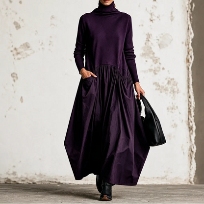 Women's High Neck Pocket Maxi Dress in dark purple, Relaxed Fit
