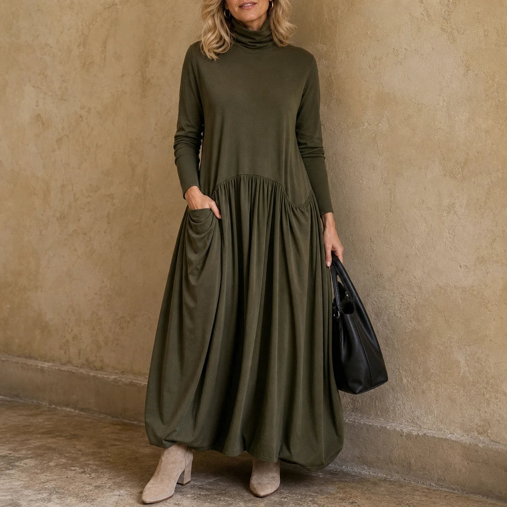 Women's High Neck Pocket Maxi Dress - Relaxed Fit