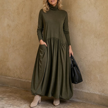 Women's High Neck Pocket Maxi Dress - Relaxed Fit