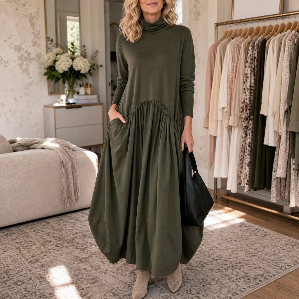 Women's High Neck Pocket Maxi Dress - Relaxed Fit