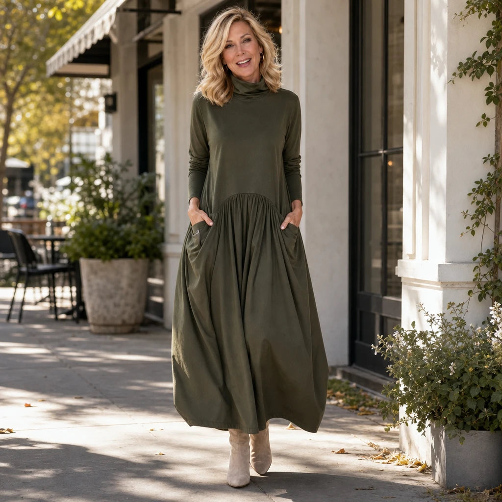 Women's High Neck Pocket Maxi Dress - Relaxed Fit
