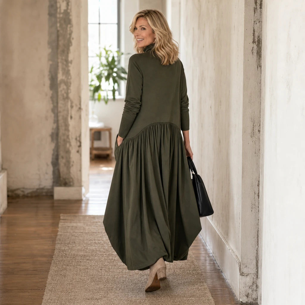 Women's High Neck Pocket Maxi Dress - Relaxed Fit