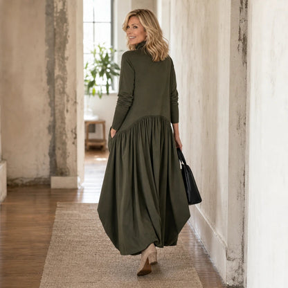 Women's High Neck Pocket Maxi Dress - Relaxed Fit