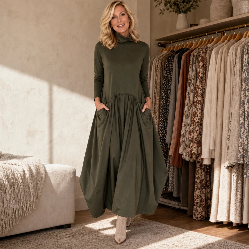Women's High Neck Pocket Maxi Dress - Relaxed Fit