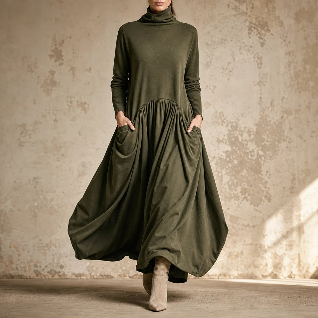Women's High Neck Pocket Maxi Dress - Relaxed Fit